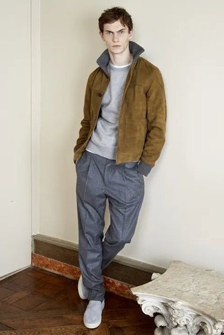 Grey Suede Slip-on Sneakers Outfits For Men: A brown suede shirt jacket and charcoal chinos are absolute staples if you're piecing together a smart closet that holds to the highest menswear standards. Let your outfit coordination skills really shine by finishing your getup with a pair of grey suede slip-on sneakers.