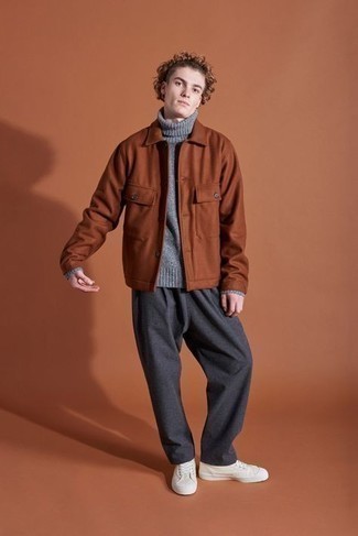 Dark Brown Wool Shirt Jacket Outfits For Men: A dark brown wool shirt jacket and charcoal chinos are an easy way to introduce extra polish into your day-to-day casual routine. White canvas low top sneakers will add a whole new dimension to an otherwise classic outfit.