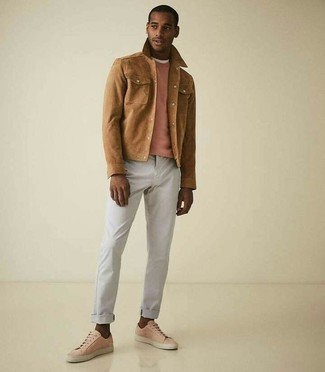 Shirt Jacket Outfits For Men: Team a shirt jacket with grey chinos to look truly stylish anywhere anytime. Complete your outfit with pink suede low top sneakers to mix things up.