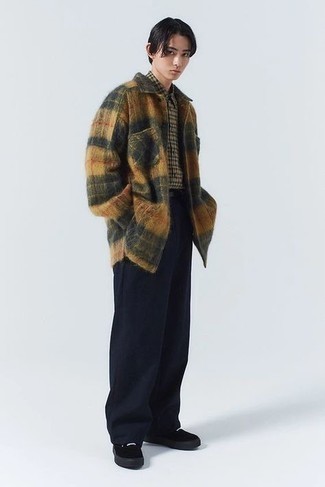 1200+ Outfits For Men In Their Teens: When the situation allows a casual menswear style, you can easily dress in a brown plaid flannel shirt jacket and navy chinos. With footwear, go for something on the laid-back end of the spectrum by sporting black canvas low top sneakers. Surely a safe choice when it comes to dressing ideas for adolescent guys.