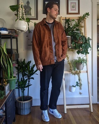 Brown Corduroy Shirt Jacket Outfits For Men: This combo of a brown corduroy shirt jacket and black jeans is solid proof that a safe off-duty ensemble can still look incredibly sharp. A pair of white and navy leather high top sneakers will bring a fun vibe to this outfit.