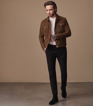 Brown Suede Shirt Jacket Outfits For Men: For an outfit that's street-style-worthy and casually neat, reach for a brown suede shirt jacket and black chinos. If you want to feel a bit fancier now, add black suede chelsea boots to your look.