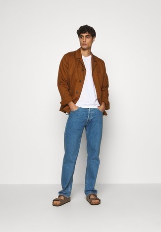 Dark Brown Leather Sandals Outfits For Men: A brown shirt jacket and blue jeans are great menswear must-haves that will integrate wonderfully within your day-to-day styling collection. Dark brown leather sandals will give an element of stylish effortlessness to an otherwise classic outfit.