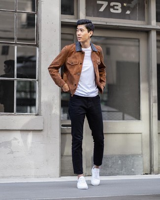 Men's Brown Suede Shirt Jacket, White Crew-neck T-shirt, Navy Jeans, White Canvas Low Top Sneakers