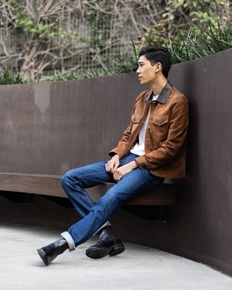 Brown Suede Shirt Jacket Outfits For Men: If you gravitate towards off-duty style, why not wear this combo of a brown suede shirt jacket and navy jeans? Black leather chelsea boots are guaranteed to inject an extra dose of style into this look.