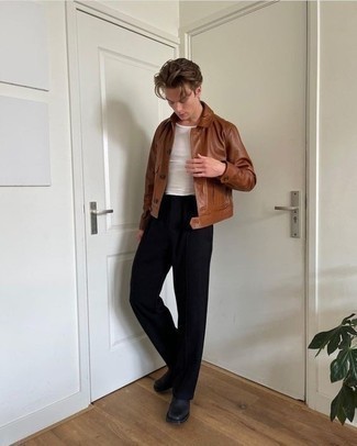 Brown Leather Jacket with Black Pants Outfits For Men: This combination of a brown leather jacket and black pants is definitely jaw-dropping, but it's super easy to copy. Finishing with a pair of black leather chelsea boots is a fail-safe way to breathe a dose of elegance into your look.