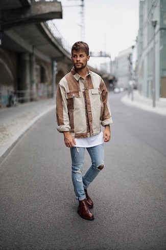 Light Blue Ripped Skinny Jeans Outfits For Men: A brown vertical striped shirt jacket and light blue ripped skinny jeans are a wonderful combo worth incorporating into your day-to-day styling repertoire. Finishing off with dark brown leather chelsea boots is the simplest way to bring an extra dimension to your look.