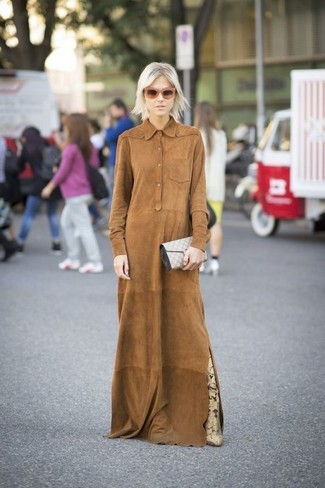 Women's Brown Suede Shirtdress, Beige Snake Leather Over The Knee Boots, Grey Geometric Leather Clutch, Brown Sunglasses