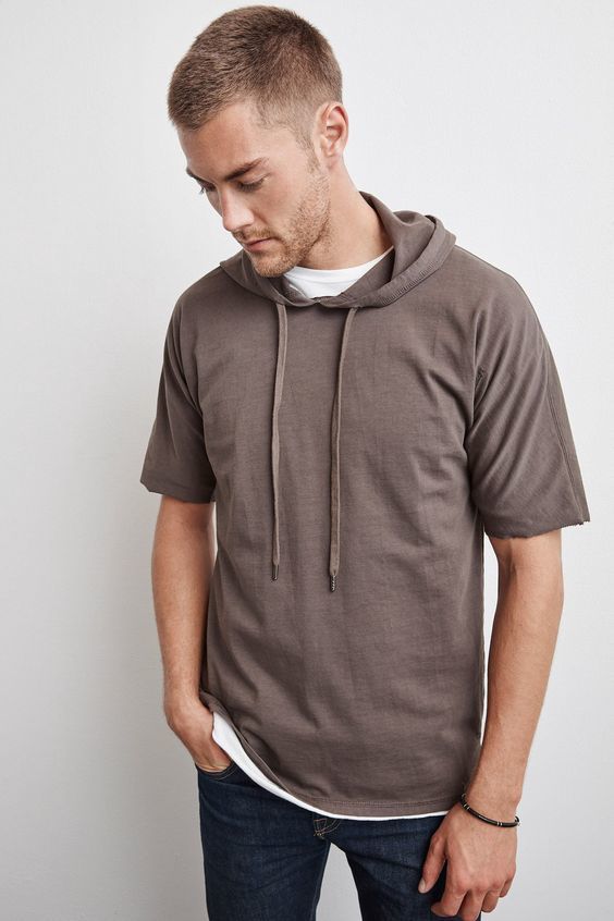 Men's Brown Short Sleeve Hoodie, White Crew-neck T-shirt, Navy