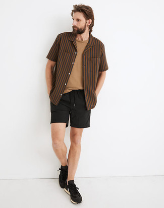 Men's Brown Vertical Striped Short Sleeve Shirt, Tan Crew-neck T-shirt, Black Shorts, Black Athletic Shoes