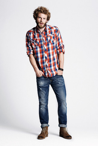 Men's Brown Suede Casual Boots, Navy Ripped Skinny Jeans, White and Red and Navy Gingham Long Sleeve Shirt