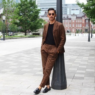 Black Leather Tassel Loafers Outfits: Such pieces as a brown suit and a black crew-neck t-shirt are the ideal way to inject extra polish into your daily casual rotation. For something more on the sophisticated side to complete this getup, complement your look with black leather tassel loafers.