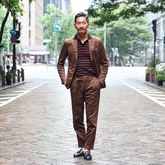 Tobacco Suit Outfits: For a casually classic look, opt for a tobacco suit and a brown horizontal striped polo — these items go perfectly together. Complement your look with dark green leather tassel loafers to completely change up the ensemble.