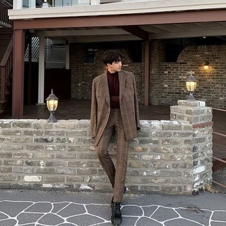 Brown Plaid Suit Outfits: This combination of a brown plaid suit and a burgundy turtleneck is the perfect base for an effortlessly smart look. If you want to effortlessly dial up this look with one piece, why not add a pair of black chunky leather derby shoes to the equation?
