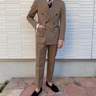 Dark Brown Suit with Tassel Loafers Dressy Outfits: You'll be amazed at how easy it is to get dressed like this. Just a dark brown suit paired with a light blue dress shirt. A pair of tassel loafers immediately revs up the appeal of your outfit.