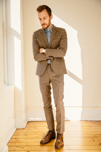 Men's Brown Wool Suit, Light Blue Chambray Dress Shirt, Brown Leather Brogue Boots, Brown Leather Belt