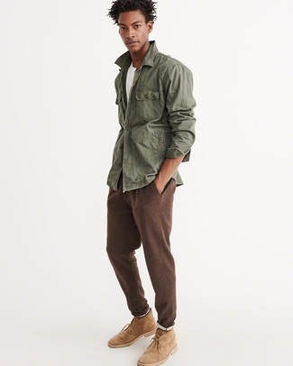 Men's Tan Suede Desert Boots, Brown Sweatpants, White Crew-neck T-shirt, Olive Military Jacket