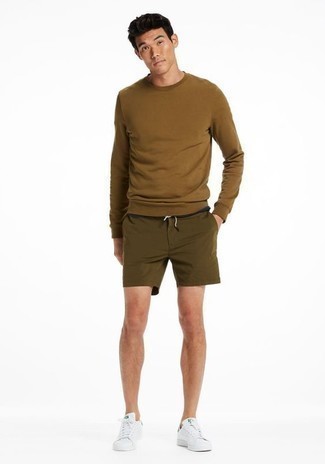Men's Brown Sweatshirt, Black Crew-neck T-shirt, Olive Shorts, White Leather Low Top Sneakers