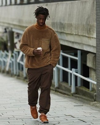 Men's Brown Fleece Sweatshirt, Tobacco Turtleneck, Dark Brown Chinos, Tobacco Athletic Shoes