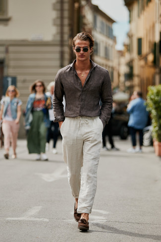 Dark Brown Linen Long Sleeve Shirt Outfits For Men: 