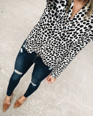 Women's Gold Pendant, Brown Leather Tassel Loafers, Navy Ripped Skinny Jeans, White and Black Leopard Button Down Blouse
