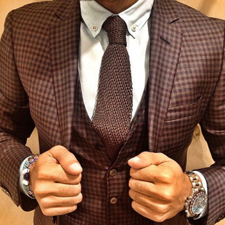 Men's Brown Plaid Three Piece Suit, White Dress Shirt, Brown Knit Tie, Gold Watch