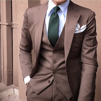 Men's Brown Three Piece Suit, White Dress Shirt, Dark Green Tie, White Pocket Square
