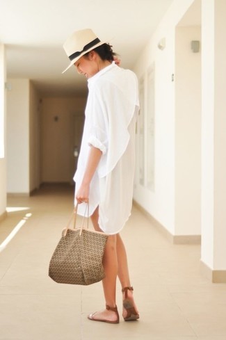 Women's Beige Straw Hat, Brown Print Leather Tote Bag, Brown Leather Flat Sandals, White Shirtdress