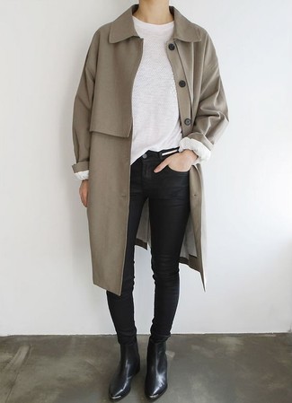 Women's Brown Trenchcoat, White Crew-neck Sweater, Black Leather Skinny Jeans, Black Leather Chelsea Boots