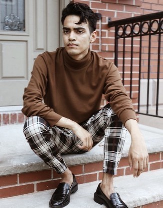 Black and White Plaid Chinos Outfits: If you're seeking to take your off-duty look to a new level, try teaming a brown turtleneck with black and white plaid chinos. Introduce black leather loafers to the mix to make the outfit slightly more sophisticated.