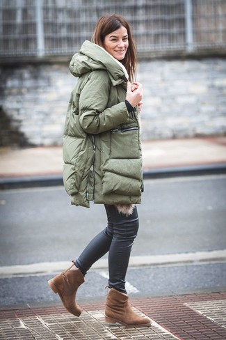 Women's Brown Uggs, Black Leather Skinny Jeans, Olive Puffer Coat