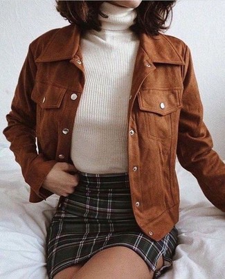 Olive Mini Skirt Outfits: Demonstrate your outfit coordination credentials by putting together a brown velvet bomber jacket and an olive mini skirt for a casual ensemble.