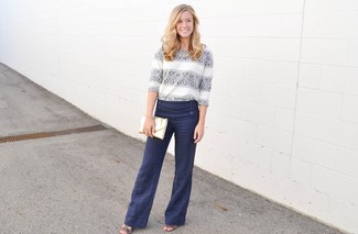 Women's Gold Leather Clutch, Brown Leather Wedge Sandals, Navy Dress Pants, White and Navy Fair Isle Crew-neck Sweater