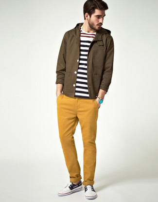 Men's Brown Windbreaker, White and Navy Horizontal Striped Crew-neck Sweater, Mustard Chinos, Navy and White Boat Shoes