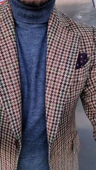 Dark Brown Houndstooth Blazer Outfits For Men: We give a big thumbs up to this combination of a dark brown houndstooth blazer and a navy turtleneck!