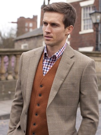 Men's Brown Check Wool Blazer, Tobacco Waistcoat, White and Red and Navy Gingham Dress Shirt
