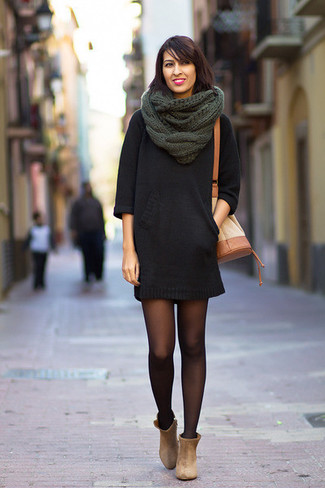 Women's Dark Green Knit Scarf, Tan Leather Bucket Bag, Beige Suede Ankle Boots, Black Sweater Dress