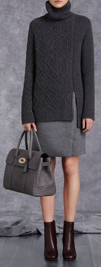 Women's Grey Leather Tote Bag, Burgundy Leather Ankle Boots, Grey Wool Pencil Skirt, Charcoal Knit Turtleneck
