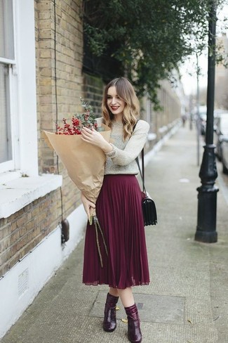 Women's Burgundy Leather Crossbody Bag, Burgundy Leather Ankle Boots, Purple Pleated Midi Skirt, Silver Crew-neck Sweater