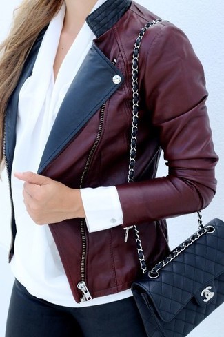 Women's Burgundy Leather Biker Jacket, White Silk Long Sleeve Blouse, Black Skinny Jeans, Black Quilted Leather Crossbody Bag