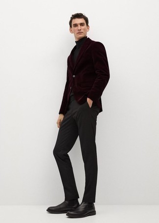 Red Velvet Blazer Outfits For Men: A red velvet blazer and black chinos are the kind of a no-brainer getup that you so desperately need when you have no extra time to craft an outfit. Boost the classiness of this outfit a bit by slipping into black leather chelsea boots.