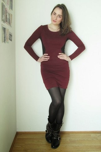 Women's Burgundy Bodycon Dress, Black Studded Leather Mid-Calf Boots, Black Wool Tights, Gold Ring