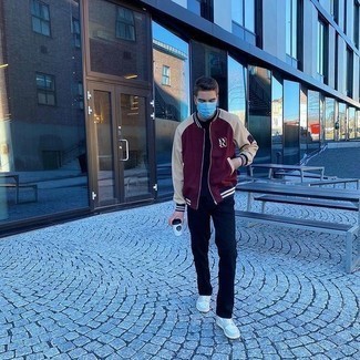 Burgundy Bomber Jacket Outfits For Men: Rock a burgundy bomber jacket with black chinos to flaunt your styling smarts. Show off your fun side by rounding off with a pair of grey leather low top sneakers.