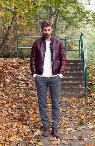 Men's Burgundy Leather Bomber Jacket, White Cable Sweater, Grey Wool Chinos, Dark Brown Suede Casual Boots