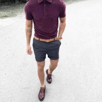 Men's Tan Leather Belt, Burgundy Leather Brogues, Charcoal Shorts, Purple Polo