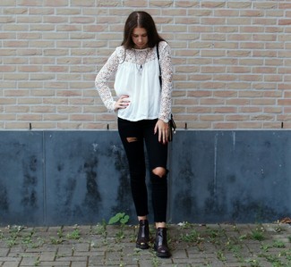 White Lace Long Sleeve Blouse Casual Outfits: 