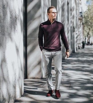 Burgundy Zip Neck Sweater with Dress Pants Outfits For Men: 