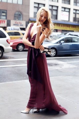 Wear a burgundy chiffon evening dress and you'll ooze class and sophistication. Feeling brave? Spice up this look by wearing silver leather pumps.