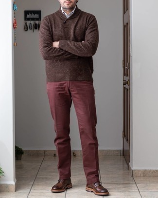 Men's Dark Brown Leather Brogues, Burgundy Chinos, Grey Gingham Long Sleeve Shirt, Dark Brown Shawl-Neck Sweater