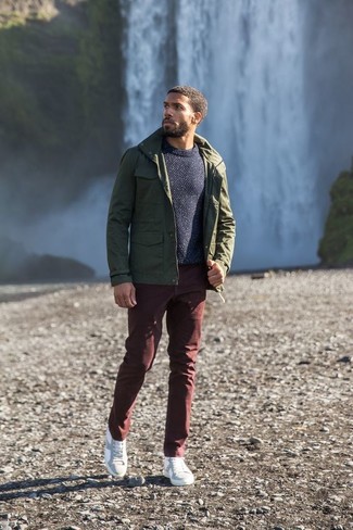 Navy Crew-neck Sweater with Burgundy Chinos Smart Casual Outfits: 